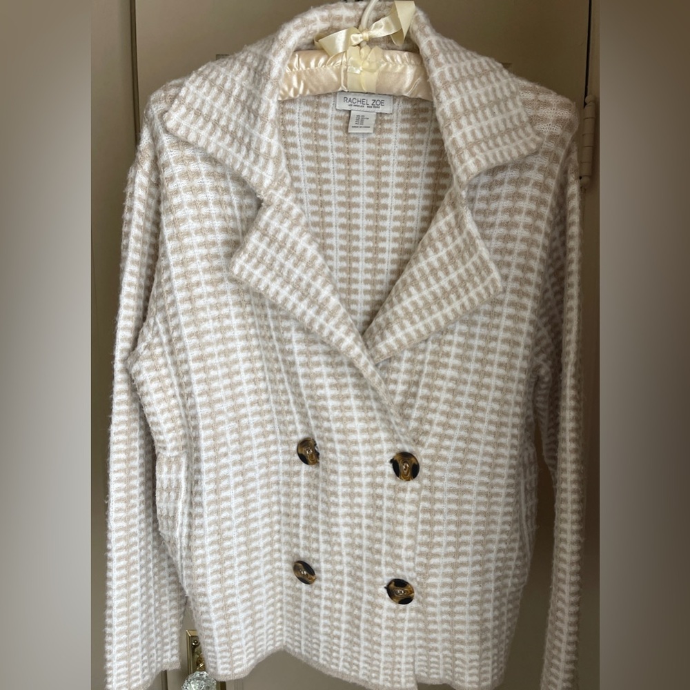 Rachel Zoe Beige Checkered crop sweater jacket